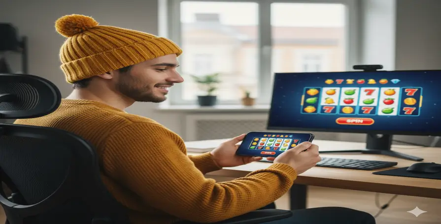 Pessoa jogando slots online em um computador com gráficos de cassino