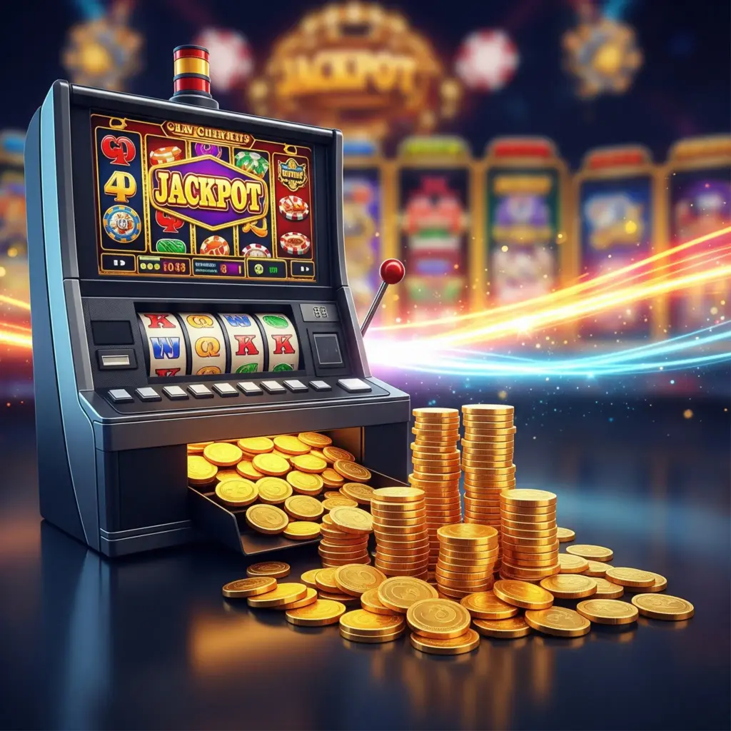 Máquina de slots online com moedas douradas e jackpot, ilustrando o guia definitivo de slots.