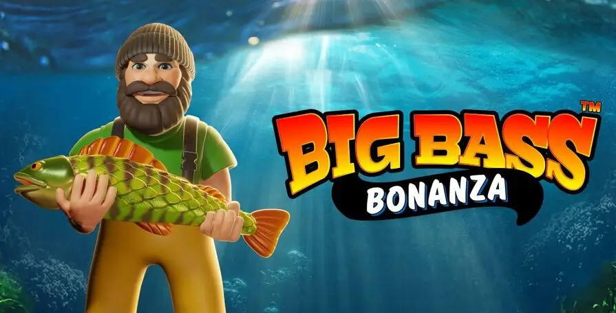 Imagem do jogo de slot Big Bass Bonanza, mostrando a tela com símbolos de peixes e o pescador, pronto para pescar grandes prêmios.