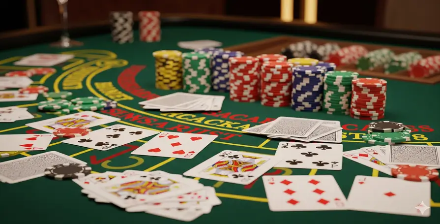 Mesa de cassino verde com cartas de baralho e fichas coloridas, representando os principais **jogos de cartas** como Blackjack, Poker e Baccarat.