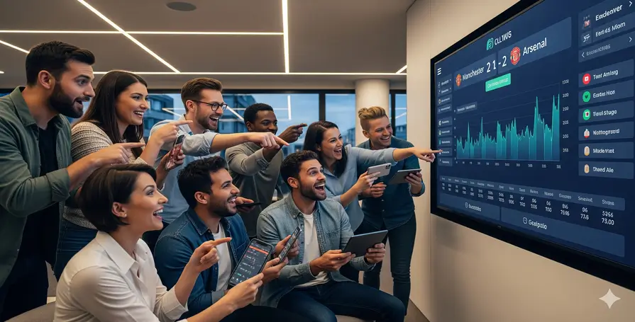 Grupo de amigos em uma sala moderna, animados e olhando para uma tela grande com dados de apostas, simbolizando a experiência social de usar a **melhor plataforma de aposta** online.