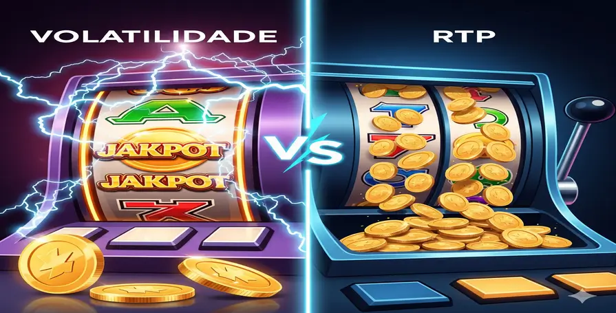 Imagem comparativa de volatilidade e RTP em slots de cassino, com máquina de jackpot e outra de pagamentos constantes.